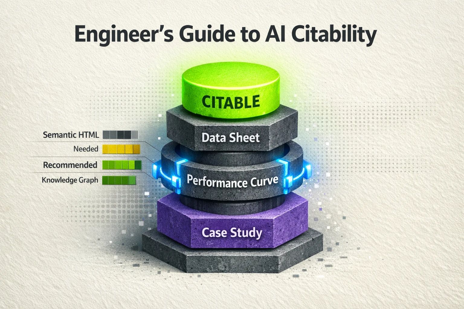 A visual blueprint showing the process of transforming data sheets and performance curves into structured, schema-marked web assets to achieve AI-citability.