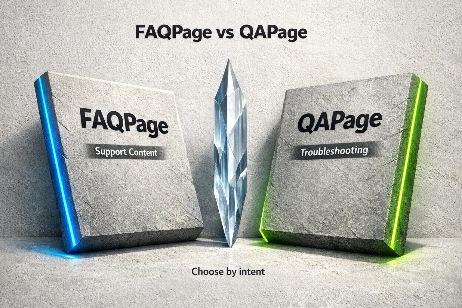 A visual comparing two page type options, FAQPage and QAPage, with a cursor highlighting the choice, symbolizing the decision-making process for structuring industrial troubleshooting content.