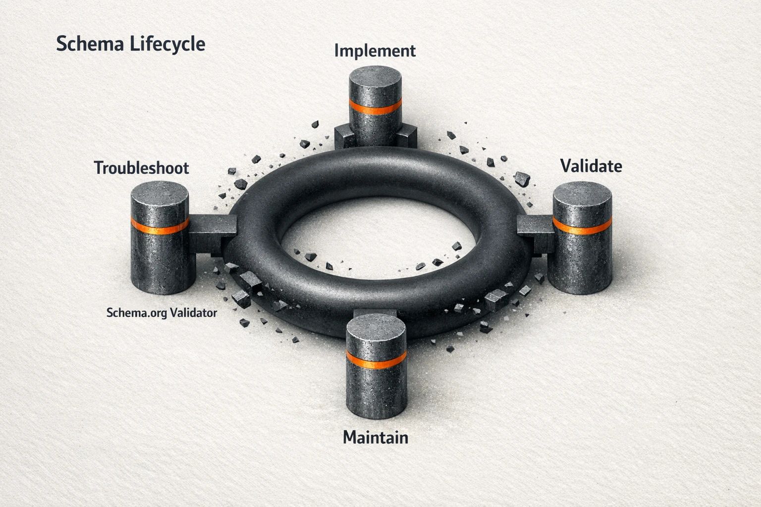 A circular diagram representing the lifecycle of structured data management: Implement, Validate, Troubleshoot, Maintain, illustrating that it is an ongoing process for industrial documentation.