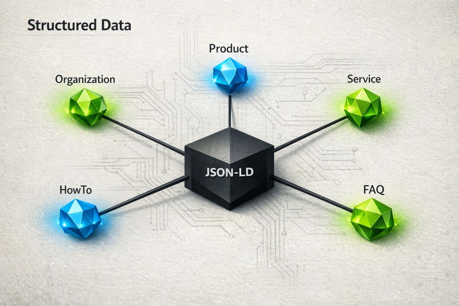 A flowchart illustrating a mental model for using structured data. It starts with JSON-LD format, then branches into key schema types: Organization, Product, Service, HowTo, and FAQ, all feeding into better AI interpretation of industrial content.