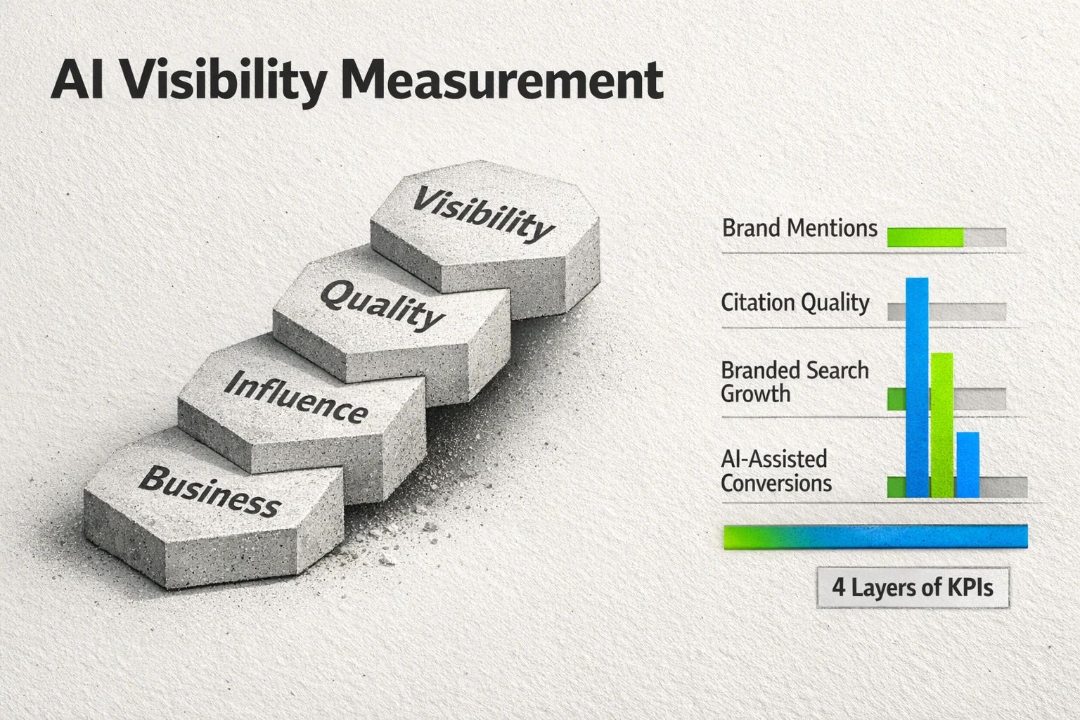Framework visual: the four-layer AI Visibility measurement model with qualitative progress bars to help marketing leaders prioritize KPI tracking.