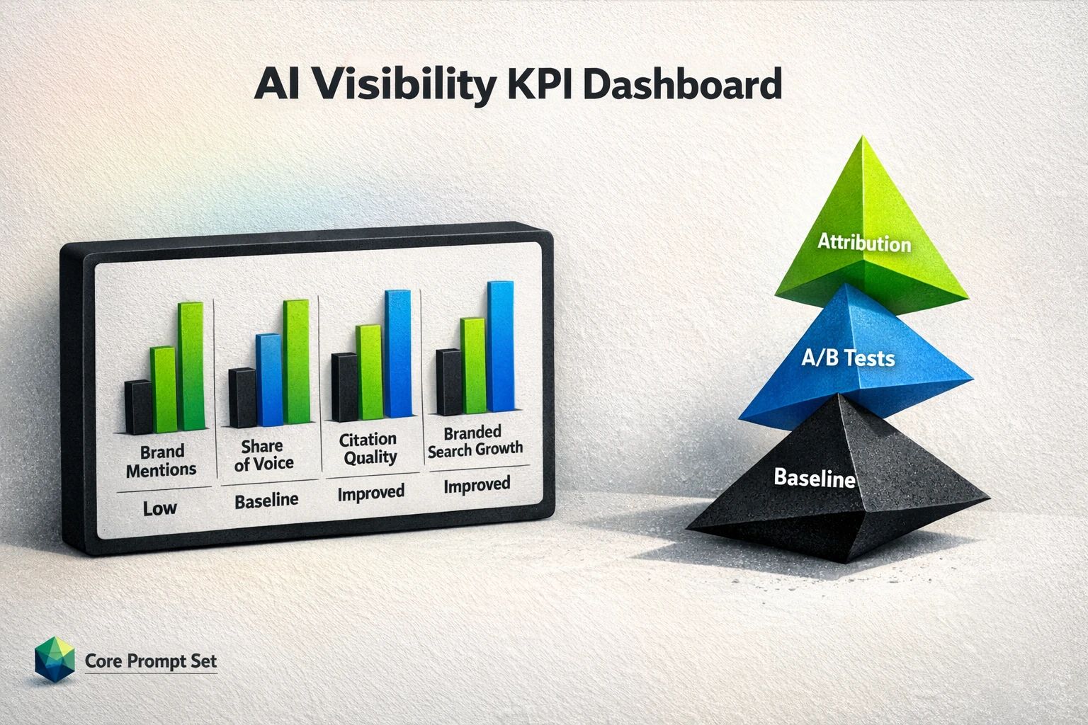 Decision dashboard mockup that helps marketers compare core AI visibility KPIs and prioritize quarterly tracking without requiring numeric fabrication.