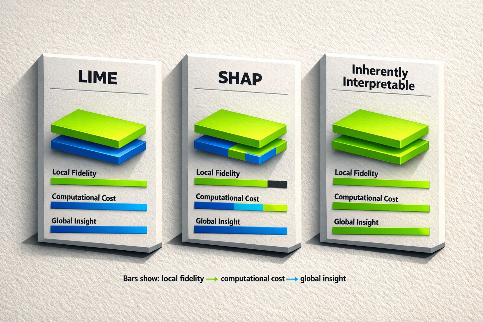 A comparison table showing the trade-offs between LIME, SHAP, and inherently interpretable models across axes like fidelity, computational cost, and global insight.