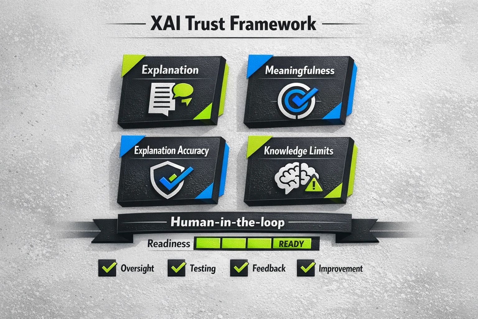 A framework diagram illustrating the connection between NIST's four XAI principles (Explanation, Meaningfulness, Accuracy, Knowledge Limits) and organizational governance readiness for building trust.