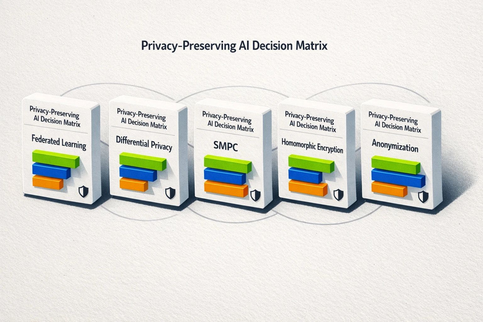 A chart comparing privacy-preserving machine learning techniques across three axes: privacy guarantee, performance overhead, and implementation complexity.