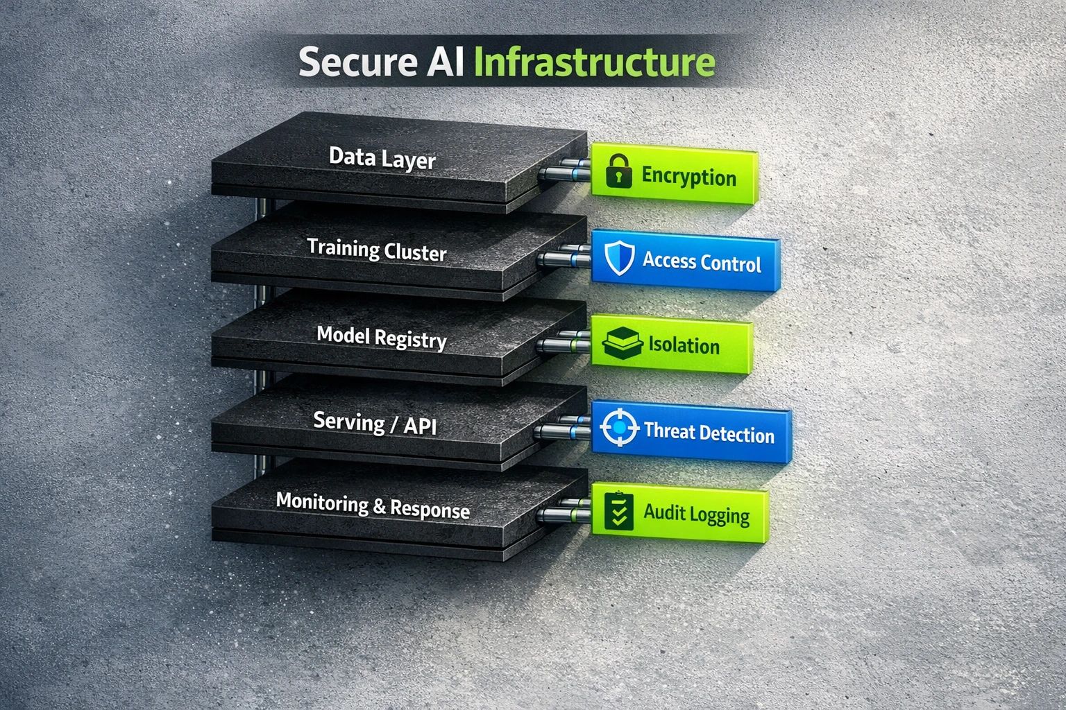 An architectural diagram showing the layers of an AI stack, from data and storage at the bottom to models and APIs at the top, with specific security controls like encryption, access control, and monitoring applied at each layer.