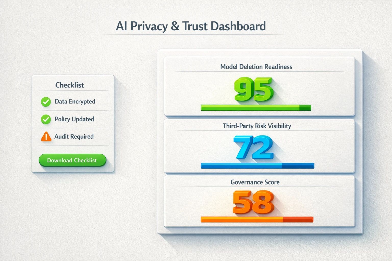 A dashboard UI showing key metrics for AI trust and governance, including a compliance readiness score, third-party risk visibility, model bias index, and data privacy controls status.