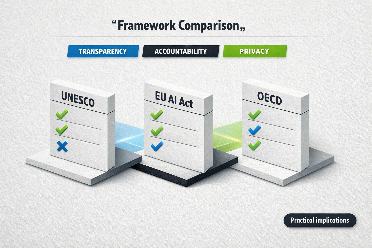 At-a-glance comparison of UNESCO, EU AI Act, and OECD—highlighting where each framework emphasizes Transparency, Accountability, and Privacy to support framework selection.