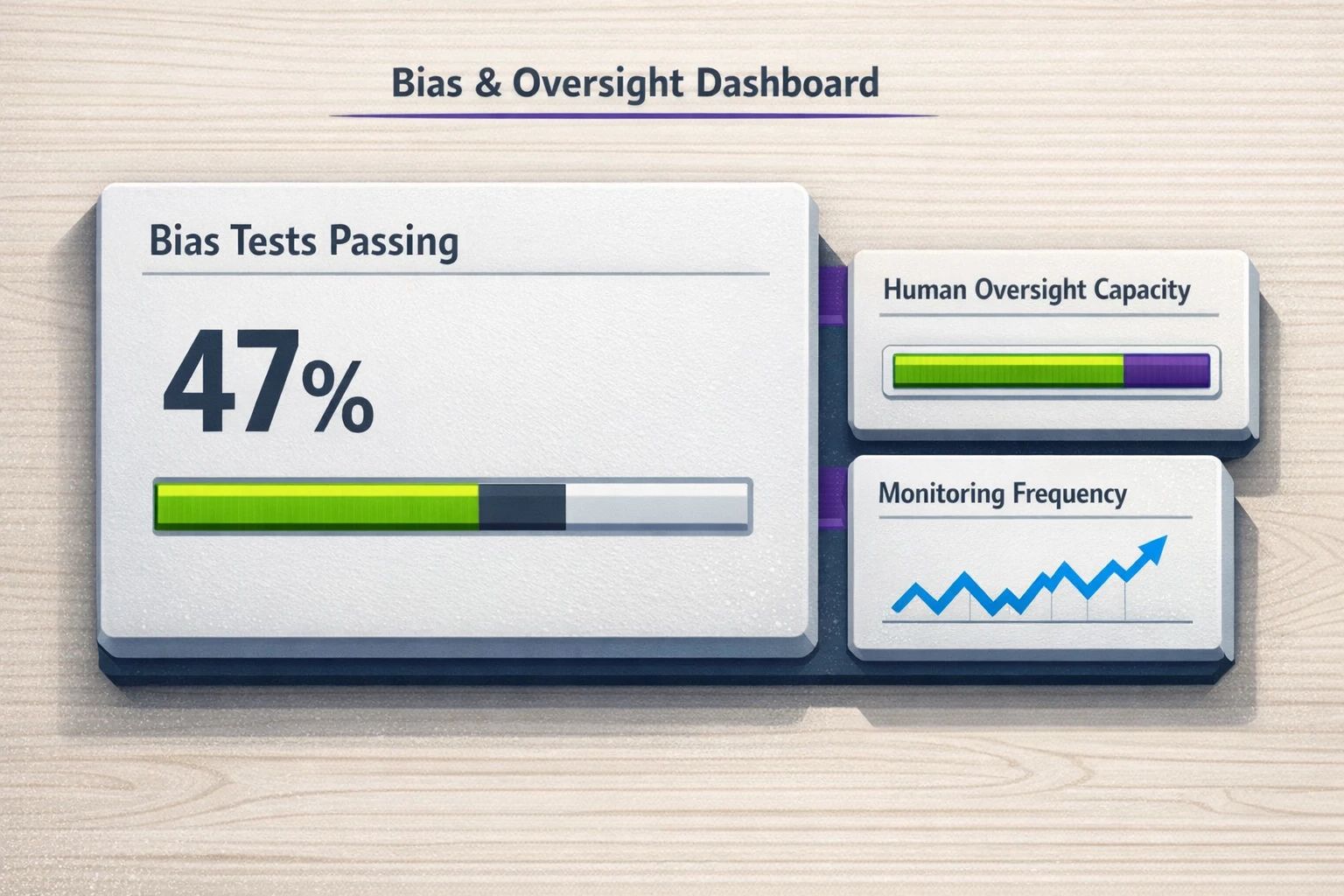 A concise bias and oversight dashboard—bold KPIs and horizontal indicators reveal testing coverage and monitoring readiness to help prioritize mitigation actions.