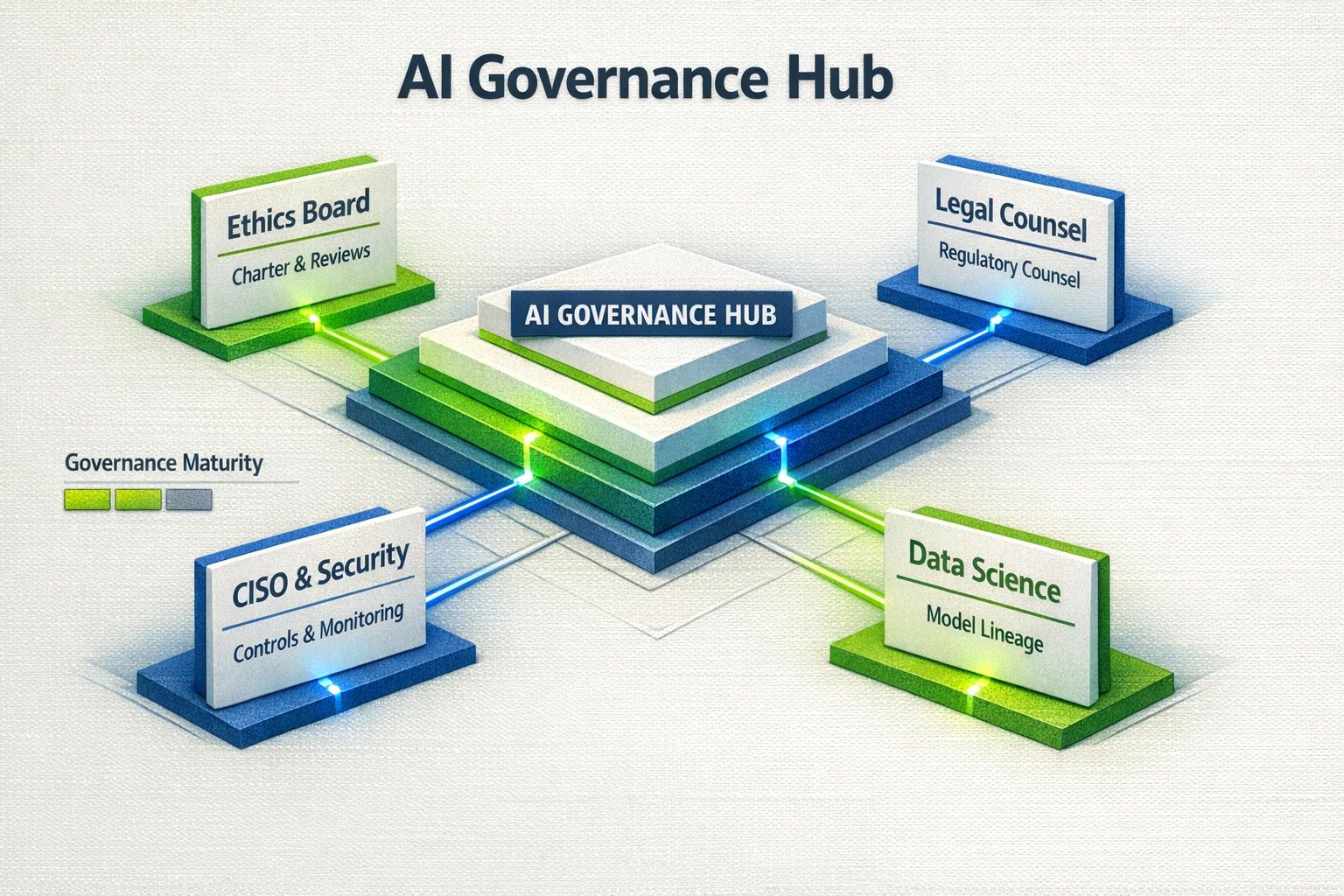 A hub-and-spoke governance model showing roles, responsibilities, and a maturity indicator to help teams design an internal AI governance structure.