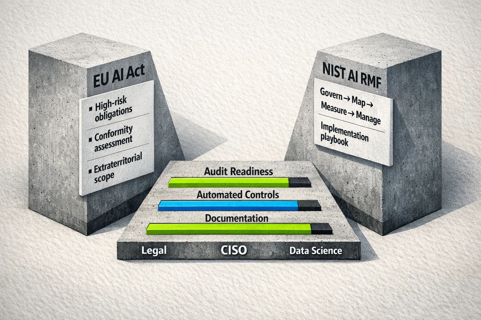 Side-by-side framework comparison highlighting obligations and readiness metrics to help teams prioritize EU AI Act vs. NIST RMF actions.