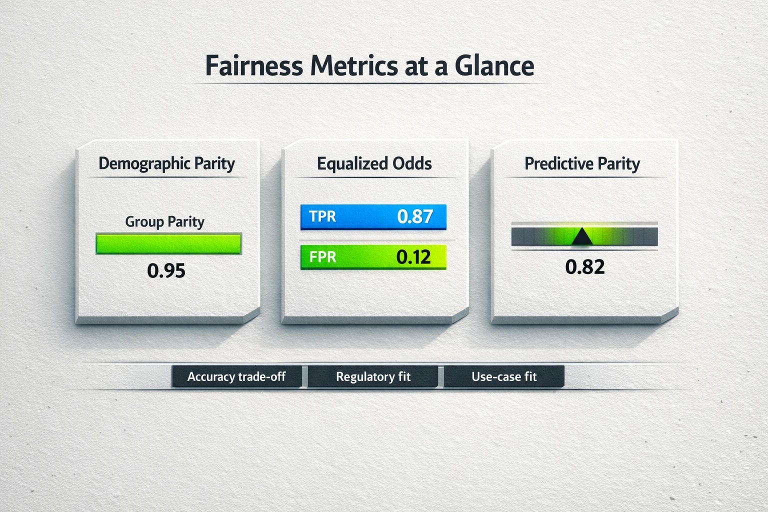 Side-by-side visualization of core fairness metrics with concise trade-off cues to guide metric selection for specific use cases.
