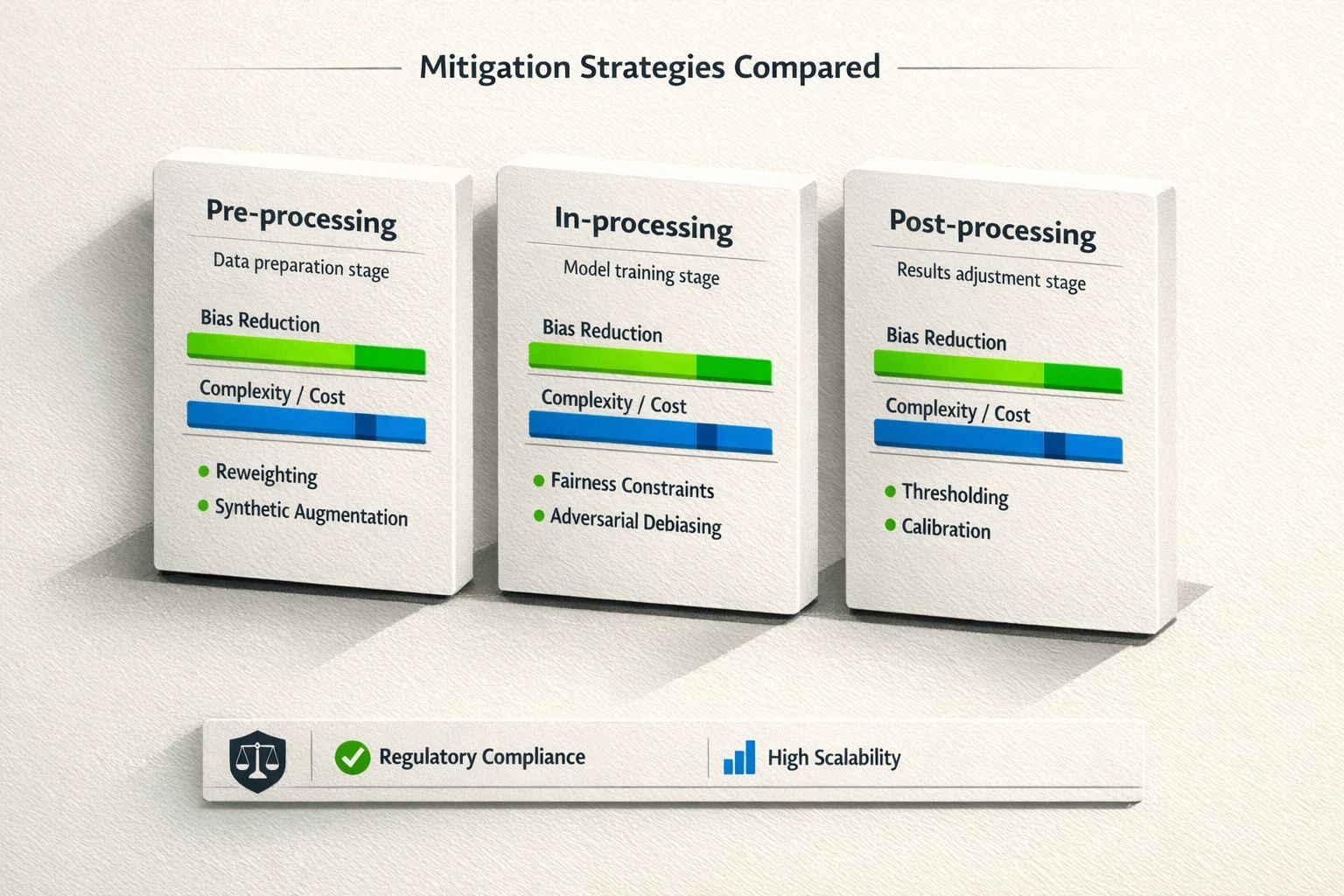 Comparative matrix showing practical mitigation techniques, their effectiveness, and implementation complexity to inform solution selection.
