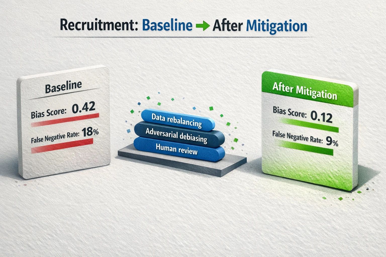 Concrete recruitment case study displaying measurable bias reduction after targeted mitigation—evidence-driven proof for evaluators.