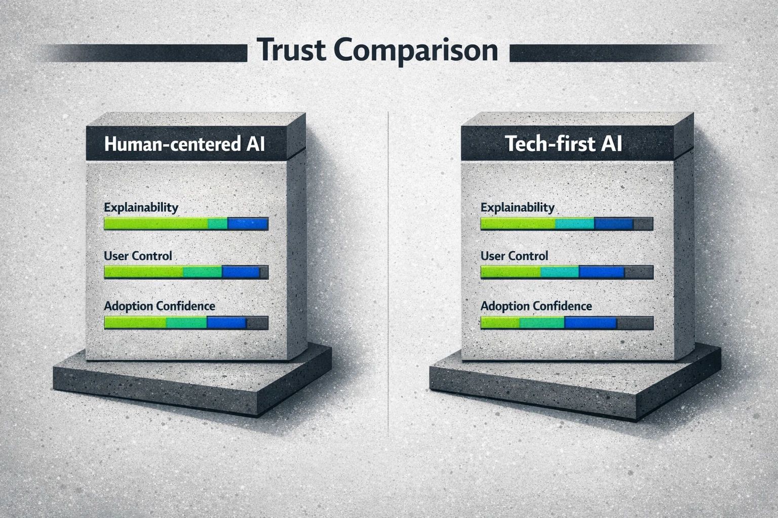 # Beyond the Algorithm: A Leader's Guide to Building Trust and Driving AI Adoption AI adoption is accelerating. Nearly three-quarters of global enterprises now use AI in their operations. Yet, a critical gap is widening. Public trust in AI companies has fallen to just 35% in the United States, and a staggering 77% of Americans distrust businesses to use it responsibly. This isn't just a public relations issue. It's an ROI problem. An AI tool that your team doesn't trust is a tool they won't use effectively, if at all. Without adoption, there is no transformation. The solution isn't more technology. It's more humanity. Shifting from a tech-centric to a human-centered approach is the only way to close the trust gap and unlock the true potential of your AI investment. This guide provides a practical framework for leaders to move beyond the algorithm, build genuine trust, and drive successful AI adoption. ## The Trust Deficit: Why Your Team Is Wary of AI Before you can build trust, you must understand the reasons for its absence. The skepticism surrounding AI isn't irrational. It stems from legitimate and deeply human concerns that leaders must acknowledge and address head-on. - **The "Black Box" Problem:** Many AI systems deliver outputs without explaining their reasoning. For an employee asked to trust a decision that could impact their work or a customer's experience, this lack of transparency feels arbitrary and uncontrollable. - **Fear of Obsolescence:** The narrative of AI replacing jobs is powerful and pervasive. This anxiety triggers resistance, as employees may view AI not as a helpful tool but as a direct threat to their livelihood. - **Ethical and Bias Concerns:** Reports of AI systems perpetuating historical biases in hiring, lending, and other critical areas are widespread. Stakeholders are right to question whether these tools are fair and equitable. According to a Santa Clara University study, 82% of people care deeply about the ethics of AI. - **Misplaced Automation:** When AI is implemented poorly, it can create more work than it saves, leading to frustration. If a system feels clunky or its "help" is consistently off-base, users will quickly abandon it, viewing it as another unhelpful piece of corporate technology. Ignoring these concerns is a recipe for failure. The first step in a successful small business AI implementation is empathy. Acknowledging the validity of these fears is foundational to building a bridge to trust. ## Choosing Your Path: Tech-Centric vs. Human-Centered AI When evaluating AI solutions, many leaders focus on technical specifications. But the most important differentiator isn't the complexity of the model. It's the design philosophy. Understanding this distinction is crucial for selecting a partner that prioritizes adoption. A tech-centric approach focuses solely on automating a task. A human-centered approach focuses on augmenting the person performing that task. This shift in perspective has massive implications for explainability, user control, and ultimately, your team's confidence in the system. !Side-by-side comparison highlighting how human-centered design scores higher on explainability, user control, and adoption confidence to aid vendor evaluation. ## The Pillars of a Trustworthy AI Strategy Building trust isn't a single action. It's a continuous process built on a strategic framework. By focusing on three core pillars, you can create an environment where your team feels confident and empowered by AI, not threatened by it. ### Pillar 1: Radical Transparency with Explainable AI (XAI) Explainable AI, or XAI, refers to methods that allow human users to understand the results of an AI system. It's the antidote to the "black box" problem. The business case is clear. McKinsey found that 40% of organizations see a lack of explainability as a key risk, yet only 17% are actively working to solve it. This is a significant opportunity for competitive advantage. True transparency means tailoring explanations to the audience. - **For Executives:** Explanations should connect AI outputs to business KPIs. Why did the AI recommend this market strategy? Because it identified a 30% higher conversion potential based on recent customer behavior data. - **For End-Users:** Explanations should build confidence in daily tasks. Why did the SEO strategist AI suggest this content topic? Because it analyzed the top three competitors and found a significant "content gap" with high search volume and low difficulty. - **For Technical Teams:** Explanations can be more detailed, showing the specific data points and model weights that influenced a decision, helping them debug and improve the system. ### Pillar 2: Proactive Governance and Ethical Design Trust requires a firm belief that the system is fair, secure, and respects privacy. This can't be an afterthought. Ethical considerations must be woven into the entire AI lifecycle, from the initial product ideation framework to ongoing monitoring. A robust governance plan includes: - **Fairness Audits:** Regularly testing models to ensure they are not producing biased outcomes for different demographic groups. - **Human-in-the-Loop (HITL) Processes:** Establishing clear points where humans review and approve high-stakes AI decisions before they are executed. - **Data Privacy Protocols:** Ensuring that the data used to train and run AI systems is handled securely and in compliance with regulations like GDPR. ### Pillar 3: Human Augmentation, Not Replacement The most successful AI deployments empower people to do their jobs better, not replace them entirely. Position AI as a collaborative partner that handles tedious, data-intensive tasks, freeing up your team for high-value strategic work. For example, our SEO Strategist doesn't just write articles. It performs the exhaustive research and analysis that a human strategist would, but at a scale and speed no person can match. It analyzes competitor content, customer intent, and your business's unique DNA to create a strategic brief. This augments the marketing team, allowing them to focus on refining the final message and creative execution, which builds both their skills and their trust in the tool. Building trust and credibility is essential in the E-E-A-T in the AI era. !A converging pillars diagram that visually unifies key trust-building domains into a single 'Trust' core and a measurable trust score for leadership alignment. ## Measuring What Matters: From Gut Feeling to Hard Data You cannot manage what you do not measure. For too long, trust has been treated as a subjective feeling. To make it a strategic priority, you need to quantify it. By tracking the right metrics, you can get a clear picture of your team's confidence in your AI systems and demonstrate the ROI of your trust-building initiatives. Beyond simple adoption rates, a "Trust Health" dashboard should include: - **Confidence Scores:** Regularly survey users about their confidence in the AI's recommendations. - **Override Rates:** Track how often users accept the AI's suggestion versus manually overriding it. A decreasing override rate is a strong indicator of growing trust. - **Qualitative Feedback:** Implement easy-to-use feedback mechanisms where users can explain *why* they do or do not trust a specific output. - **Task Efficiency:** Measure the time it takes for users to complete tasks with AI assistance. As trust grows, hesitation decreases, and efficiency improves. !A measurable 'Trust Health' dashboard that turns subjective confidence into clear KPIs, enabling executives to track and compare trust over time. ## From Framework to Action: A Communication Plan for Adoption A solid framework is useless without effective communication. How you introduce and discuss AI is just as important as the technology itself. A one-size-fits-all email announcement will only fuel anxiety. You need a tailored communication plan that speaks to the specific concerns and motivations of each stakeholder group. Understanding what tools show which brand narratives resonate and are retained by AI engines can even inform how you shape your internal messaging. This requires mapping out what each group needs to hear, what their potential objections are, and what a "ready" state looks like for them. !A persona-based communication planner that maps concise messaging and readiness indicators to stakeholders, helping teams prioritize outreach and reduce adoption friction. ## Your Next Step Toward Trustworthy AI The gap between AI's potential and its current level of trust is the single biggest obstacle to transformation. Closing it requires a deliberate, human-centered strategy. By prioritizing transparency, ethical governance, and human augmentation, you can turn skepticism into advocacy and ensure your AI investments deliver their promised value. At PageBody AI, we build our solutions on this philosophy. Our AI Strategists are designed from the ground up to be transparent, collaborative partners that empower your team. We believe trust is the ultimate metric, and we're ready to show you how to build it. --- ### Frequently Asked Questions **How can we trust an AI if we can't fully understand its complex decision-making process?** You don't need to understand every line of code to trust the outcome. Think of it like a car. You trust it to get you to your destination without needing to be a mechanic. Trust is built through reliability, user control, and transparency in the areas that matter. Explainable AI (XAI) focuses on providing clear justifications for outputs, showing you the "why" behind a recommendation in plain language, which builds confidence even without deep technical knowledge. **Isn't building a custom, trustworthy AI solution too expensive and time-consuming for a small or medium-sized business?** This is a common misconception. Modern AI development, especially with experienced partners, has become much more efficient. At PageBody AI, we can have systems operational within 14 days. Compared to the cost of hiring a full-time specialist or a traditional agency, an AI solution provides significant savings while delivering scalable results. The cost of *not* adopting AI, or adopting it poorly, is often far greater. **What is the single most important first step to improve AI adoption in my organization?** Start with communication and education. Before you deploy any new tool, hold open sessions to explain the "why" behind the initiative. Address fears about job displacement directly by framing the AI as a tool for augmentation. Demonstrate how it will remove tedious work and free up your team for more strategic, creative tasks. A small pilot program with an enthusiastic team can also create internal champions who share positive experiences with their peers. **How do we handle a situation where the AI makes a mistake?** Mistakes are inevitable, both for humans and AI. The key is to have a process. First, create a "human-in-the-loop" system for critical decisions, so a person can catch errors before they impact customers. Second, implement robust feedback mechanisms so users can easily report errors. This not only helps you fix the immediate issue but also provides valuable data to retrain and improve the AI model over time. Being transparent about errors and the steps taken to correct them actually builds more trust than pretending the system is infallible. **Our team is not very tech-savvy. How can we ensure they will be able to use these advanced tools?** The burden of usability should be on the tool, not the user. This is a core principle of human-centered AI design. The best AI solutions have intuitive interfaces and integrate seamlessly into existing workflows. Look for systems that don't require coding or advanced technical skills to operate. Good onboarding and training are also crucial, but the ultimate goal is a tool that feels like a natural extension of your team's capabilities from day one. --- **Sources:** 1. McKinsey - Data on enterprise AI adoption rates and the business risks of poor explainability. 2. Forbes - Statistics on the global and U.S. decline in public trust in AI companies. 3. Brookings - Research into the psychological factors driving AI mistrust, such as fear and perceived societal benefit. 4. Interaction Design Foundation - Foundational principles and definitions of Human-Centered AI (HCAI). 5. Santa Clara University - Survey data on public concern for AI ethics. 6. YouGov - Polling data on the low levels of deep trust in AI among Americans. 7. NIST - Frameworks for measuring and conceptualizing trust in AI systems.