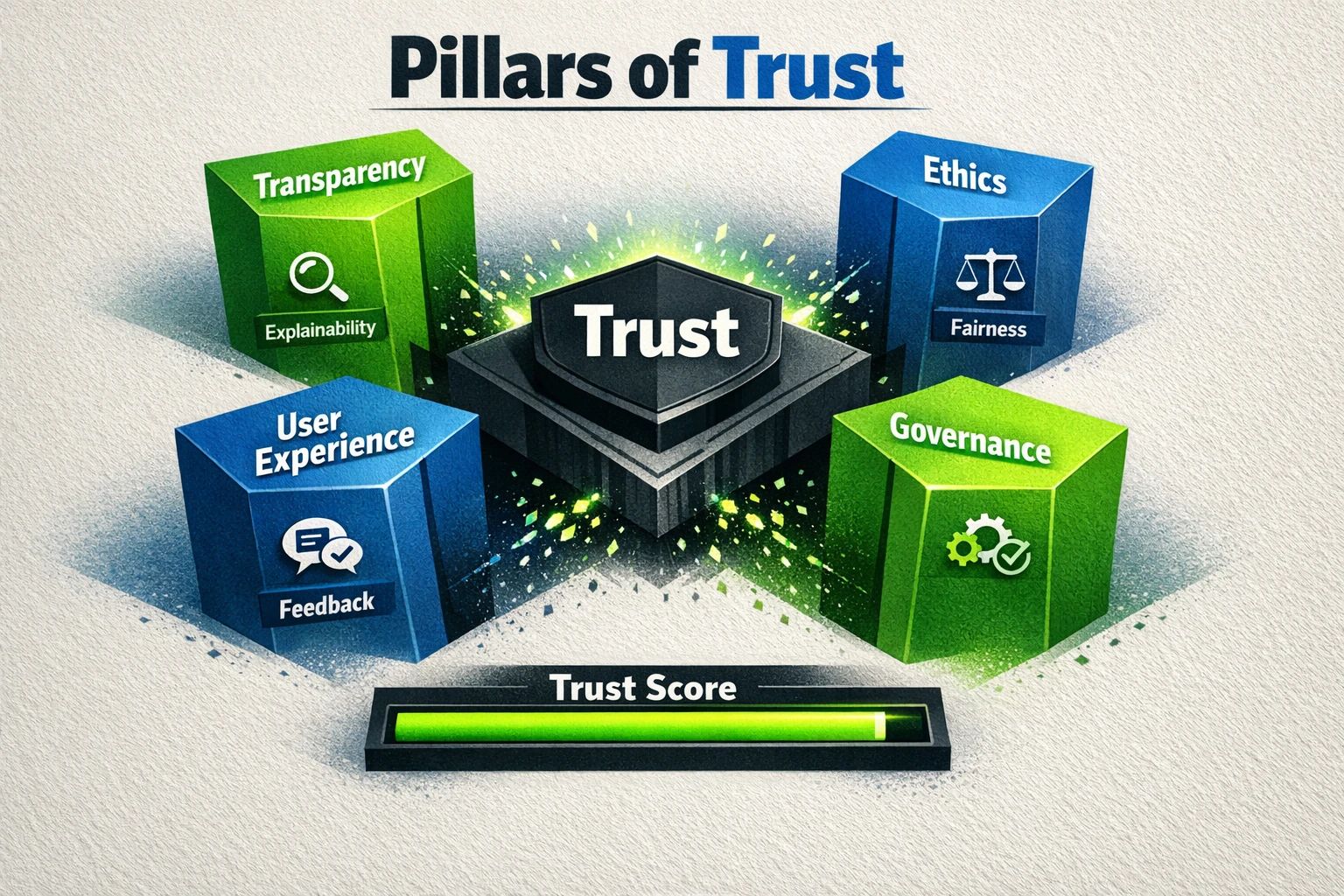 A converging pillars diagram that visually unifies key trust-building domains into a single 'Trust' core and a measurable trust score for leadership alignment.
