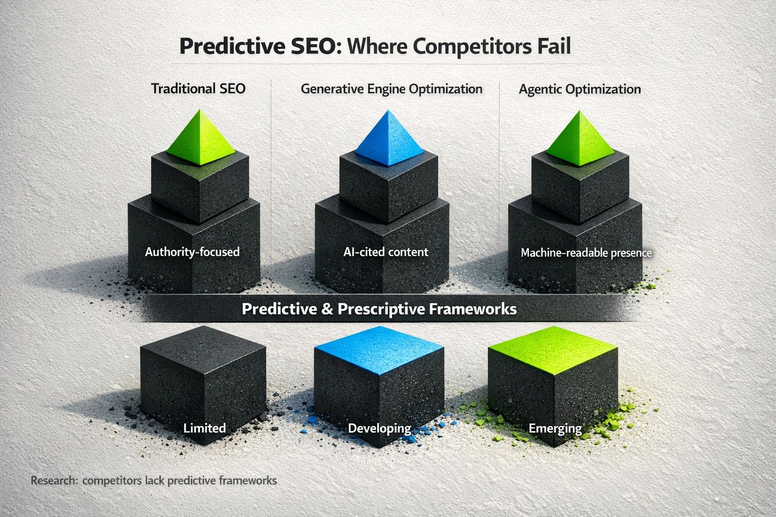 A three-column comparison showing the shortfalls of traditional SEO and the strategic advantages of GEO and Agentic Optimization.