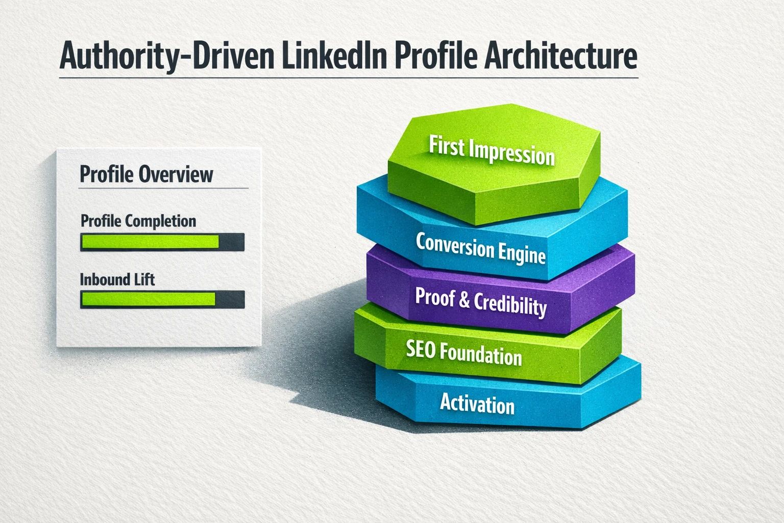 A dimensional, five‑pillar visualization of the 'Authority Architecture' that links profile sections to measurable sales outcomes and profile completion.