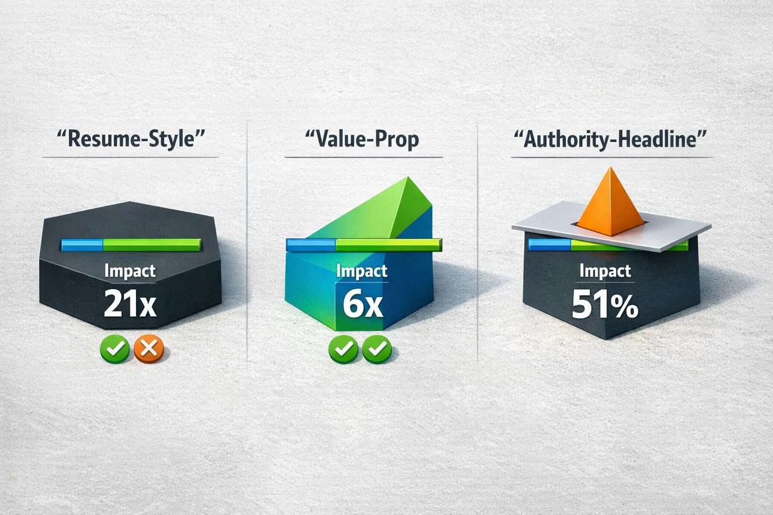 Compare headline approaches visually—see how an authority-focused headline outperforms resume-style lines for discovery and inbound impact.