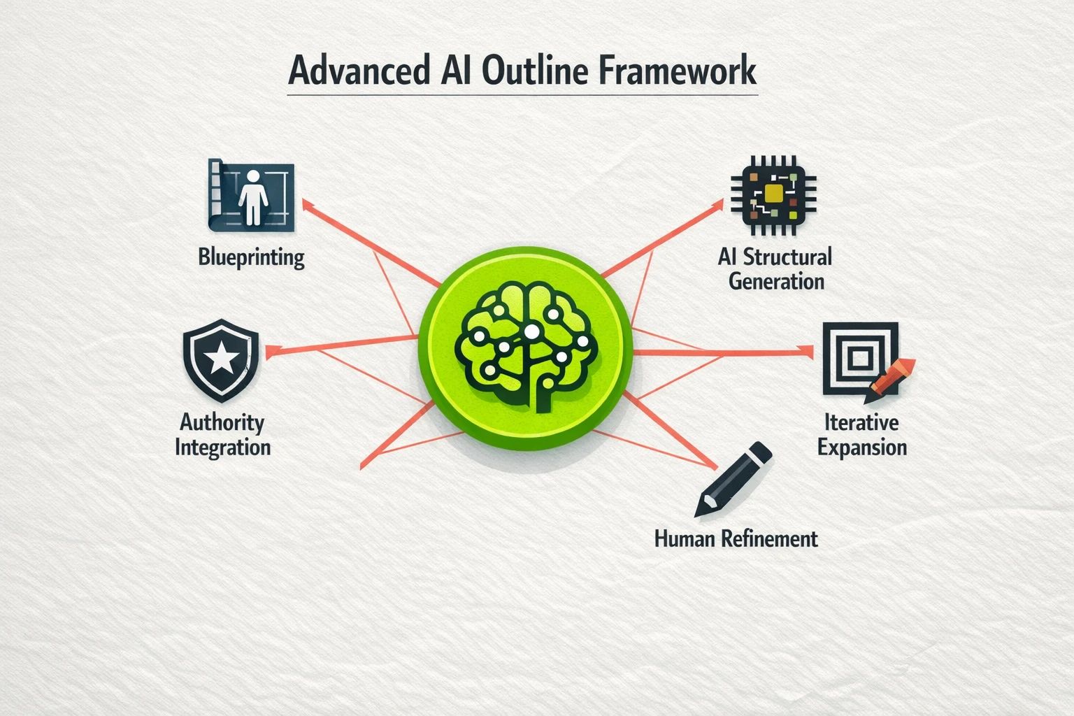 This illustration depicts the proprietary five-stage AI content outlining framework emphasizing human-AI collaboration and strategic content structure for expert guides and whitepapers.