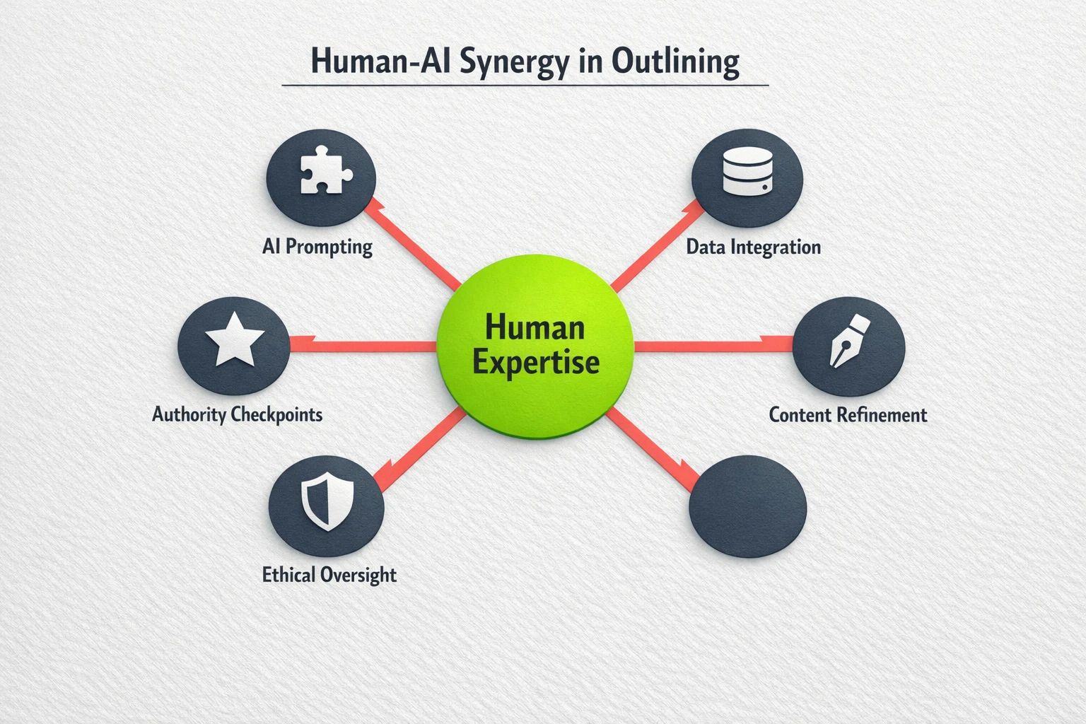This visual maps the critical collaboration points between human experts and AI during the content outlining process, underscoring authority and ethical oversight roles.