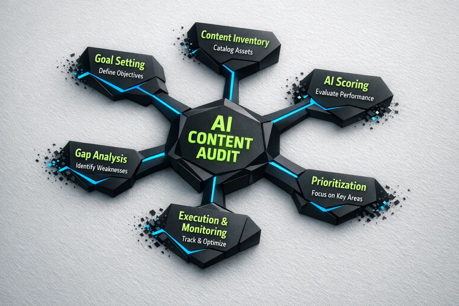Illustrates the structured, six-phase AI-powered content audit framework, showing how AI and human inputs connect through key phases from goal setting to execution.