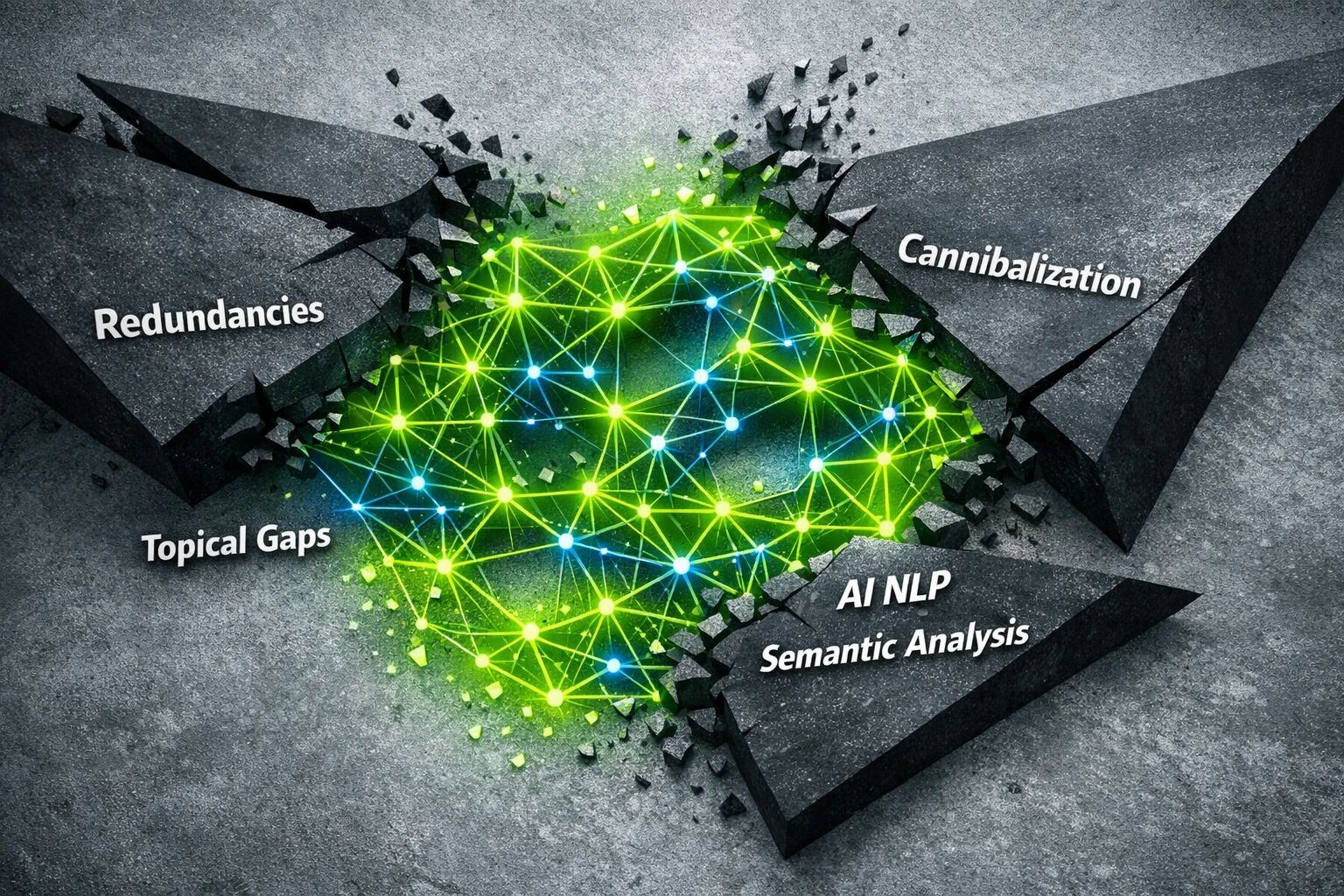 Visualizes how AI uses semantic networks to identify content topical gaps, redundancies, and cannibalization issues using advanced NLP techniques.