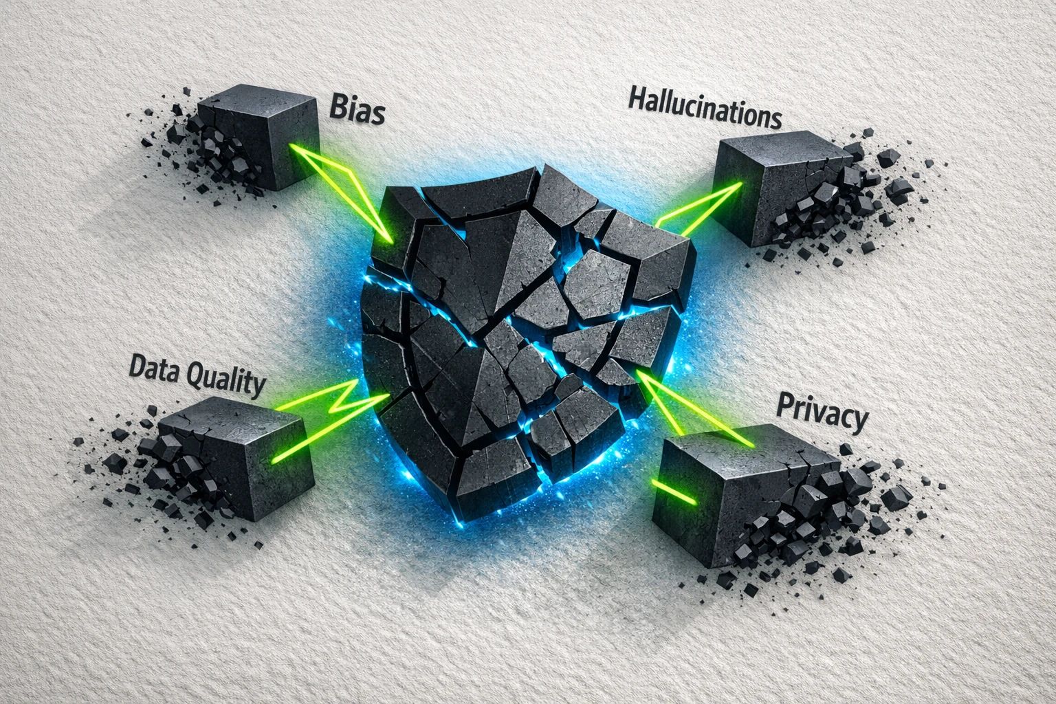 Depicts major AI content audit challenges and the pivotal role of human oversight in mitigating risks through governance and control mechanisms.
