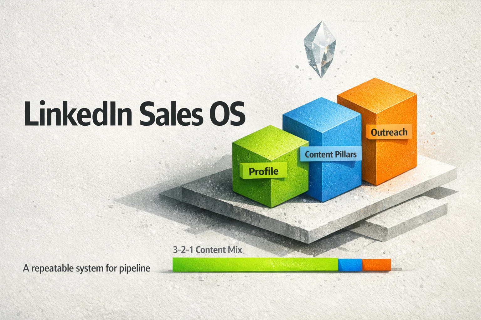 Unified 'LinkedIn Sales Operating System' — visualizing profile, pillars, and outreach with a 3-2-1 content mix for predictable pipeline growth.