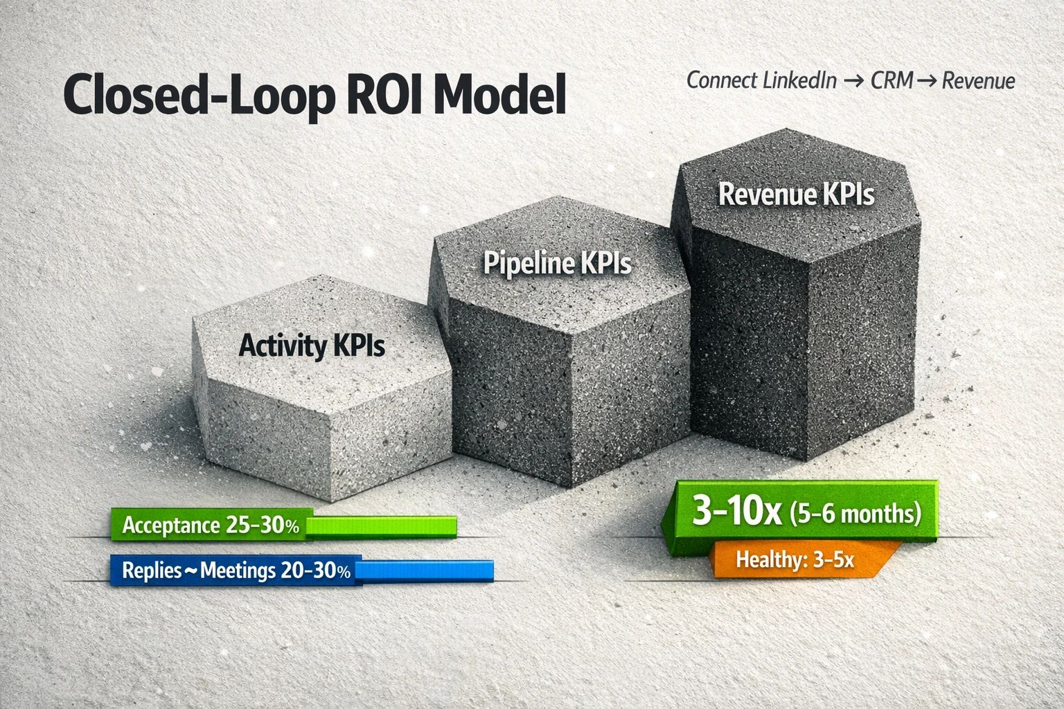 Visualize the Closed-Loop ROI Model: connect activity KPIs (25–30% acceptance, 20–30% replies→meetings) through pipeline to revenue (typical ROI 3–10x) to build a data-driven business case.