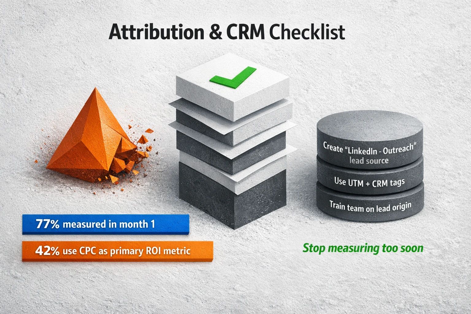 Fix the attribution blind spot: avoid the 'measure too soon' trap (77% do) and stop using CPC as your ROI proxy (42% do); implement CRM tags and UTM tracking to close the loop.