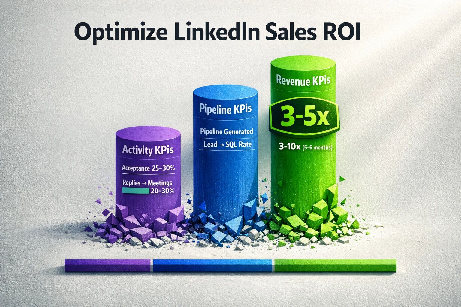 Compare the three levers: improve activity KPIs (acceptance, replies→meetings), optimize pipeline flow, and focus on revenue outcomes (target ROI benchmarks 3–5x to 3–10x over 5–6 months) to prioritize resources.