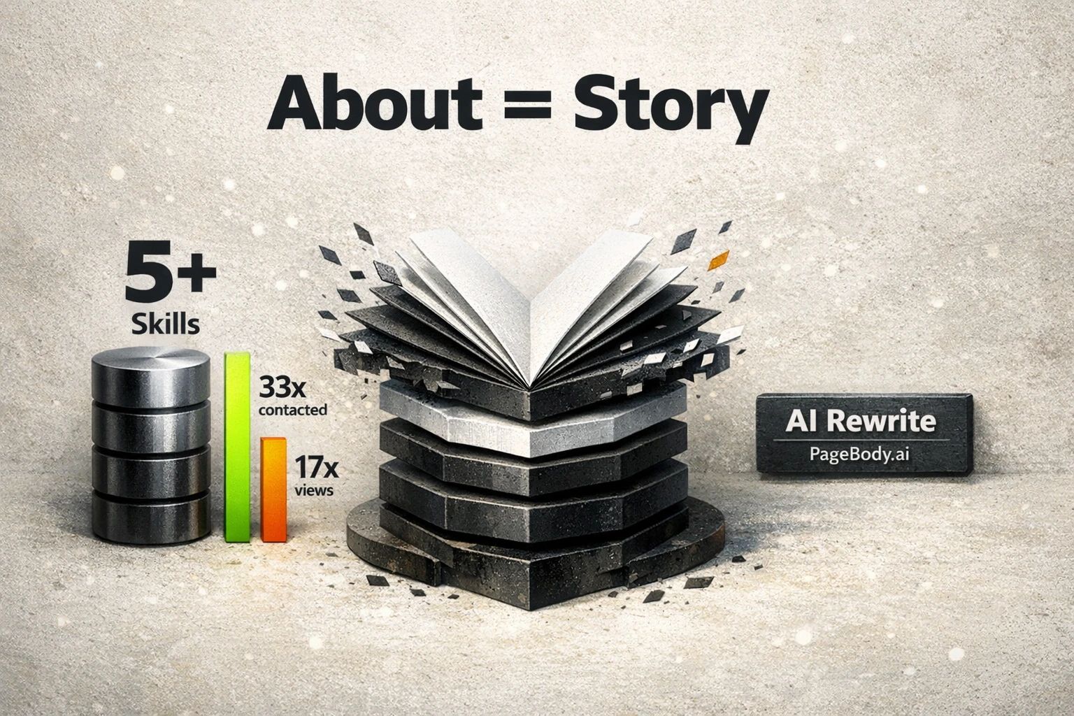 A visual representation of the 'About' section structure, showing the AIDA framework and highlighting the impact of listing 5+ skills, with a button to 'Try AI Rewrite'.