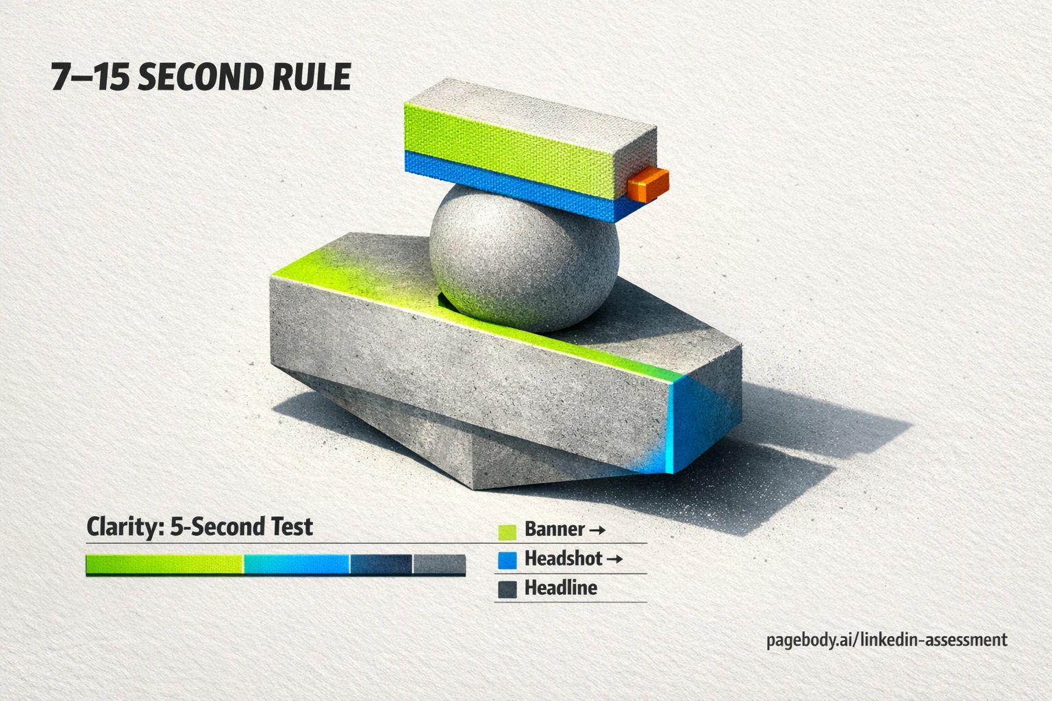 Visual diagnosis of the '7–15 Second Rule' — an above-the-fold conversion architecture that shows how banner, headshot, and headline must pass the 5-second clarity test. Learn how PageBody.ai audits this zone at pagebody.ai/linkedin-assessment.