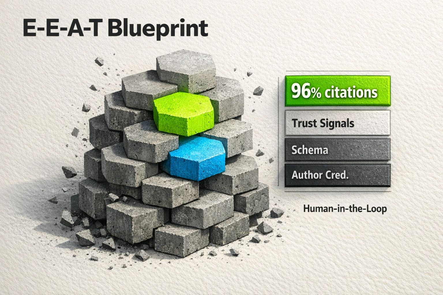 # The 3-Phase Blueprint for Building E-E-A-T in AI Content  Most teams get AI content wrong. They treat Google's E-E-A-T guidelines, Expertise, Experience, Authoritativeness, and Trustworthiness, as a checklist. They generate a generic article with AI, then try to sprinkle in a few human touches to fix it. This approach fails because it misunderstands the new reality of search.  E-E-A-T is not a repair kit for bad content. It is a strategic blueprint for trustworthy communication. In an environment flooded with AI-generated text, it is the gatekeeper for visibility. The data on this is not subtle. A recent analysis found that 96% of citations in Google's AI Overviews come from sources with strong E-E-A-T signals [1].  This means your content does not just need to be good. It needs to be foundationally trustworthy, or it will never be seen by a growing segment of your audience. Stop trying to edit your way to authority. Start with a blueprint that builds it from the ground up.  ## Why Your E-E-A-T Blueprint is a Revenue Strategy  Treating E-E-A-T as just another SEO metric is a critical error. It is a direct input to your revenue pipeline. As AI-powered search features like Google’s AI Overviews become more common, the old model of click-through rates is changing. Getting your content cited by an AI is the new top position, and it requires a different level of trust.  This traffic is also more valuable. Prospects who arrive from a specific, authoritative AI citation are further along their journey. They are not just browsing; they are seeking definitive answers.  Building an E-E-A-T blueprint is how you justify the investment in human-led AI content. It reframes the conversation from "How much does it cost to edit an AI article?" to "What is the ROI of being the most trusted source in our category?" Your blueprint is the business case for quality. It is the plan for moving beyond content generation and into authority creation.  ## Phase 1: The E-E-A-T Foundation Audit  You cannot build authority on a weak foundation. Before you create any new AI-assisted content, you must audit what you already have. This is not about keywords or topic clusters. It is about credibility.  Start by evaluating your authors. Does your site have clear, public-facing authors with verifiable expertise in their field? An anonymous "Admin" account cannot build trust. Each author needs a detailed bio, links to their social profiles, and a portfolio of work that proves their experience.  Next, audit your existing content. Look for unsupported claims, outdated information, and a lack of firsthand experience. Is your content just summarizing what others have said, or does it offer a unique perspective? This is the critical difference between helpful content and content created purely for rankings. Google's guidance is direct and has been for years. Using AI "to generate content with the primary purpose of manipulating ranking in search results is a violation of our spam policies" [2]. Your audit should identify any content that feels like it was built for a machine instead of a person.  Your goal in this phase is to establish a baseline. Score your authors, your site's overall credibility, and your existing content. This audit reveals the gaps you need to fill before AI can become a productive partner.  !An isometric visual of a foundation being audited, with a vertical bar chart showing a 96% citation rate for content with strong E-E-A-T signals, emphasizing the importance of this first phase.  ## Phase 2: The Human-in-the-Loop Workflow  With a clear baseline, you can design a workflow that uses AI as an assistant, not an author. This is where most companies fail. They use AI for the first draft and a human for the final polish. The roles must be reversed.  A human expert should create the outline, the core arguments, and the unique insights. Your `SEO Strategist` must define the perspective and the "why." They provide the first-hand experience that AI cannot invent. For instance, instead of asking AI to "write an article about project management software," the expert prompt should be, "Based on my experience managing a 10-person remote team, here are the three biggest flaws in most project management tools. Use these points to structure an article comparing five popular platforms."  The AI's role is to accelerate the process. It can handle research, structure the expert's notes into a coherent draft, and suggest formatting. But the core experience, the "E" in E-E-A-T, must come from a person.  This workflow has a clear before and after.  - **Before:** A generic AI draft full of common knowledge. - **After:** An article infused with a specific, credible point of view that could only come from experience.  Be patient with this process. Improving your site's perceived quality does not happen overnight. As SEO expert Lily Ray notes, Google may not fully reassess your site’s quality until a core update, meaning improvements could take months to be fully recognized [3].  !A visual representation of a human-in-the-loop workflow, with progress bars and clear stages for human input and AI assistance, illustrating a structured process.  ## Phase 3: Technical Trust Signals  The final phase of your blueprint is making your authority machine-readable. Human readers see an author bio. Search engines see structured data. You need both.  Focus on the technical signals with the biggest proven impact. Do not get lost in minor tweaks. The most important signal by a wide margin is Schema markup. Implementing Article, FAQ, and HowTo schema provides a clear structure for search engines to understand your content's purpose and authority. The impact is significant, as one study found that this type of schema delivers a 73% selection boost for inclusion in Google's AI Overviews [1].  Beyond your own site, focus on building external signals of authority. Google analyst Gary Illyes confirmed that E-A-T is "largely based on links and mentions on authoritative sites." If a major publication in your industry mentions your company or your experts, that is a powerful signal.  Your technical blueprint should prioritize these two areas.  1.  **On-Page Schema:** Ensure every article has proper Author and Article schema connecting the content to a real person.  2.  **Off-Page Mentions:** Develop a strategy to earn links and mentions from respected sites in your niche.  These are not just SEO tasks. They are the technical execution of your trust strategy, turning the credibility you have built with humans into signals that algorithms can understand and reward.  !A graphic comparing different technical trust signals, with schema markup highlighted as having a 73% selection boost, and icons representing links and mentions from other authoritative sites.  ## Answering a Critical Question: Is E-E-A-T a Ranking Factor?  This question causes endless debate, but the answer is straightforward. Google's former Search Liaison, Danny Sullivan, clarified it perfectly. Is it a direct, technical factor like page speed? No. But does Google use signals to approximate what a human would consider high E-E-A-T? Absolutely. In his words, "In that regard, yeah, it’s a ranking factor" [3].  Stop debating the semantics. The correlation is clear. Sites that demonstrate strong expertise, experience, authority, and trust perform better. Your blueprint should not be designed to chase a specific ranking factor. It should be designed to make your content genuinely irreplaceable. The rankings will follow.  ***  ### Frequently Asked Questions  **How long does it take to see results from E-E-A-T improvements?**  It can take several months. E-E-A-T signals are evaluated over time and are often reassessed during major Google core updates. This is a long-term strategy, not a quick fix.  **Can AI create content that has good E-E-A-T?**  No. AI can generate text that is grammatically correct and factually accurate, but it cannot invent genuine, first-hand experience. The "Experience" component of E-E-A-T must come from a human expert who has actually done the thing they are writing about.  **Is this blueprint only for large companies?**  Not at all. A small business with a deeply experienced founder can often demonstrate more E-E-A-T on a specific topic than a large, faceless corporation. The key is to document and showcase that expertise, regardless of company size.  ---  **Sources:**  1. Ziptie.dev - Data analysis on citation patterns in Google's AI Overviews.  2. Moz - An article quoting Google's official guidance on AI-generated content.  3. Ahrefs - A guide featuring quotes from SEO experts and Google representatives on E-E-A-T.