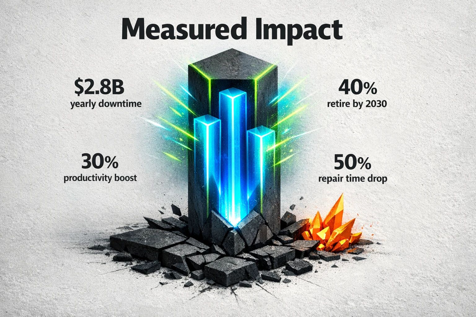 Concrete outcomes help justify investment: downtime risk, workforce knowledge loss, and documented performance gains from AI troubleshooting assistants and AI copilots in maintenance workflows.