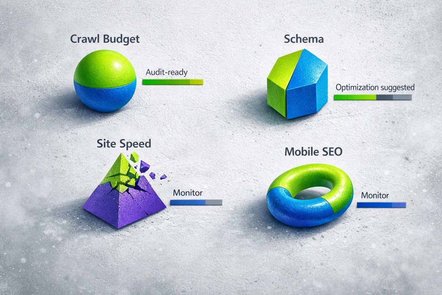 A grid showing four key areas of AI-powered technical SEO: Crawl Budget, Schema Markup, Site Speed, and Mobile SEO, with a quick evaluation of their impact and implementation difficulty.]