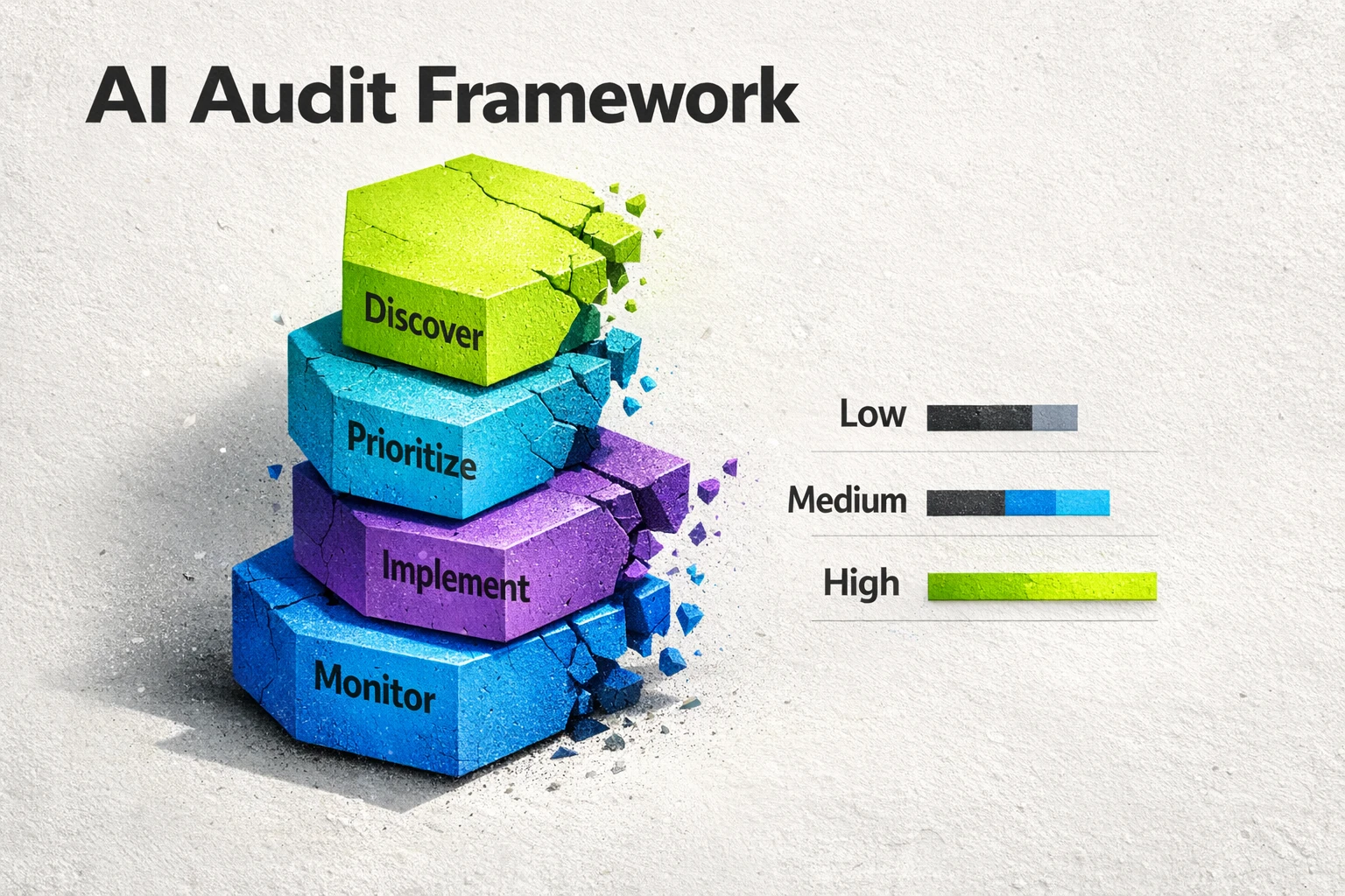 An AI-powered technical SEO audit loop showing the continuous cycle of Discover, Prioritize, Implement, and Monitor, visualized as an interconnected, dimensional framework.