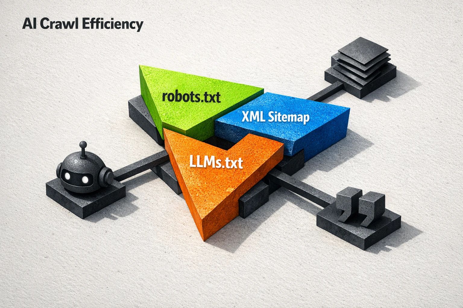 A simple way to think about AI crawlability: robots.txt controls access, sitemaps guide discovery, and LLMs.txt can add AI-specific intent—together shaping what bots find and use.