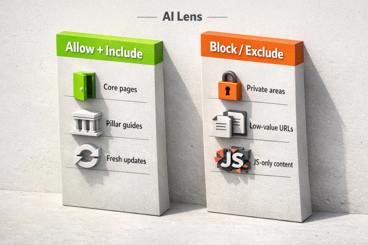 Use an AI lens to separate high-value, index-worthy content from pages that create noise or can’t be understood (like JS-only content). This clarifies what belongs in sitemaps versus what should be blocked.