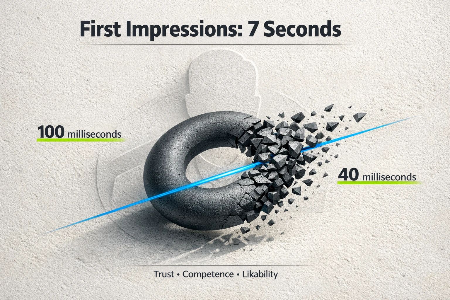 A stylized clock showing 7 seconds, with a person's profile picture in the center, illustrating the rapid formation of first impressions on LinkedIn.
