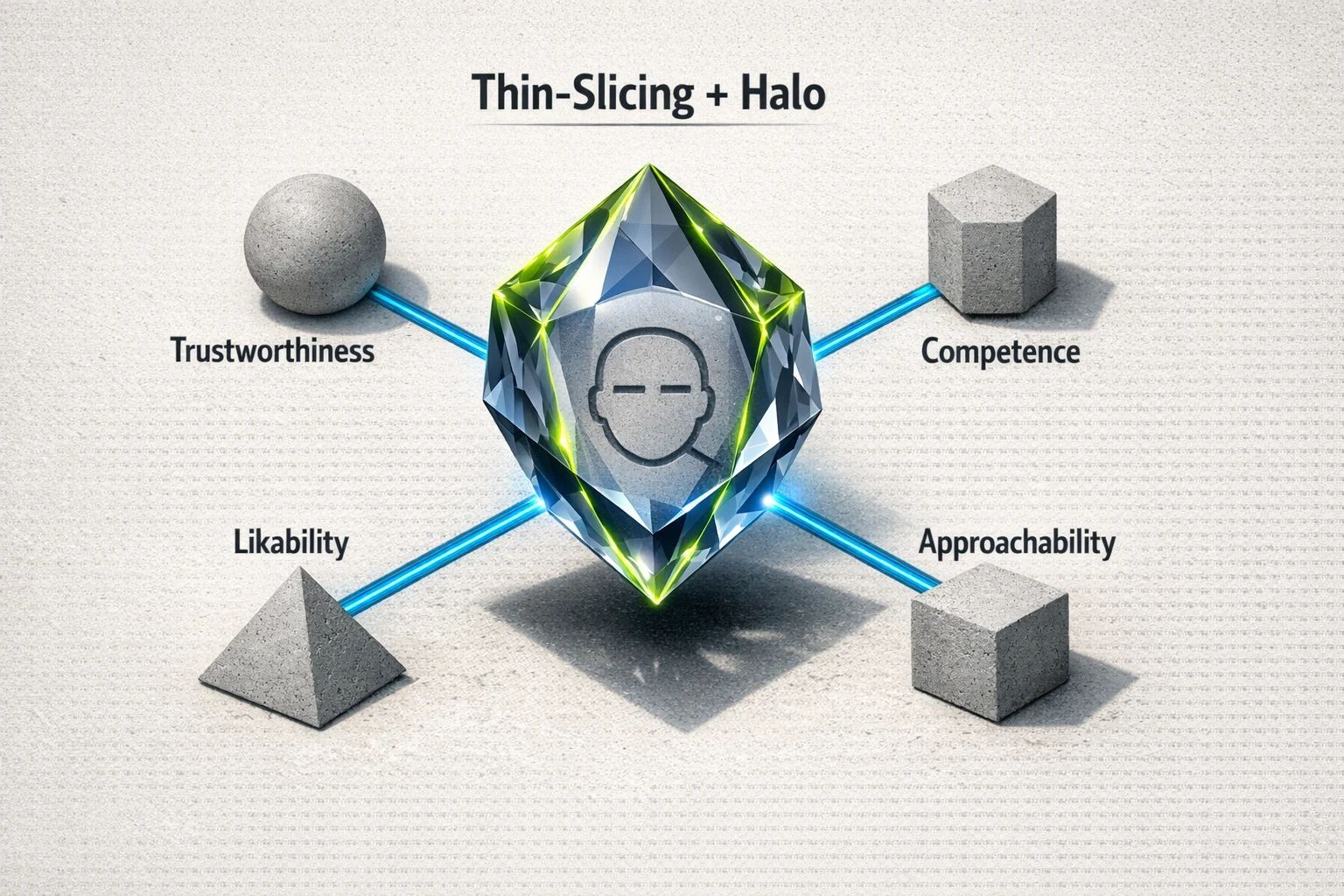 An infographic showing a central profile picture connected to four key psychological traits: Trustworthiness, Competence, Likability, and Influence.