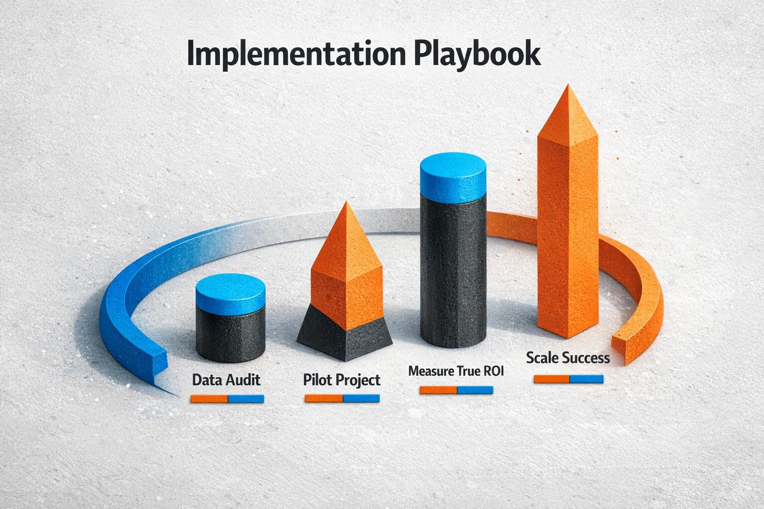 A 4-part framework showing the steps to implement AI in email marketing: 1. Data Audit, 2. Pilot Project, 3. Measure True ROI, 4. Scale Success.