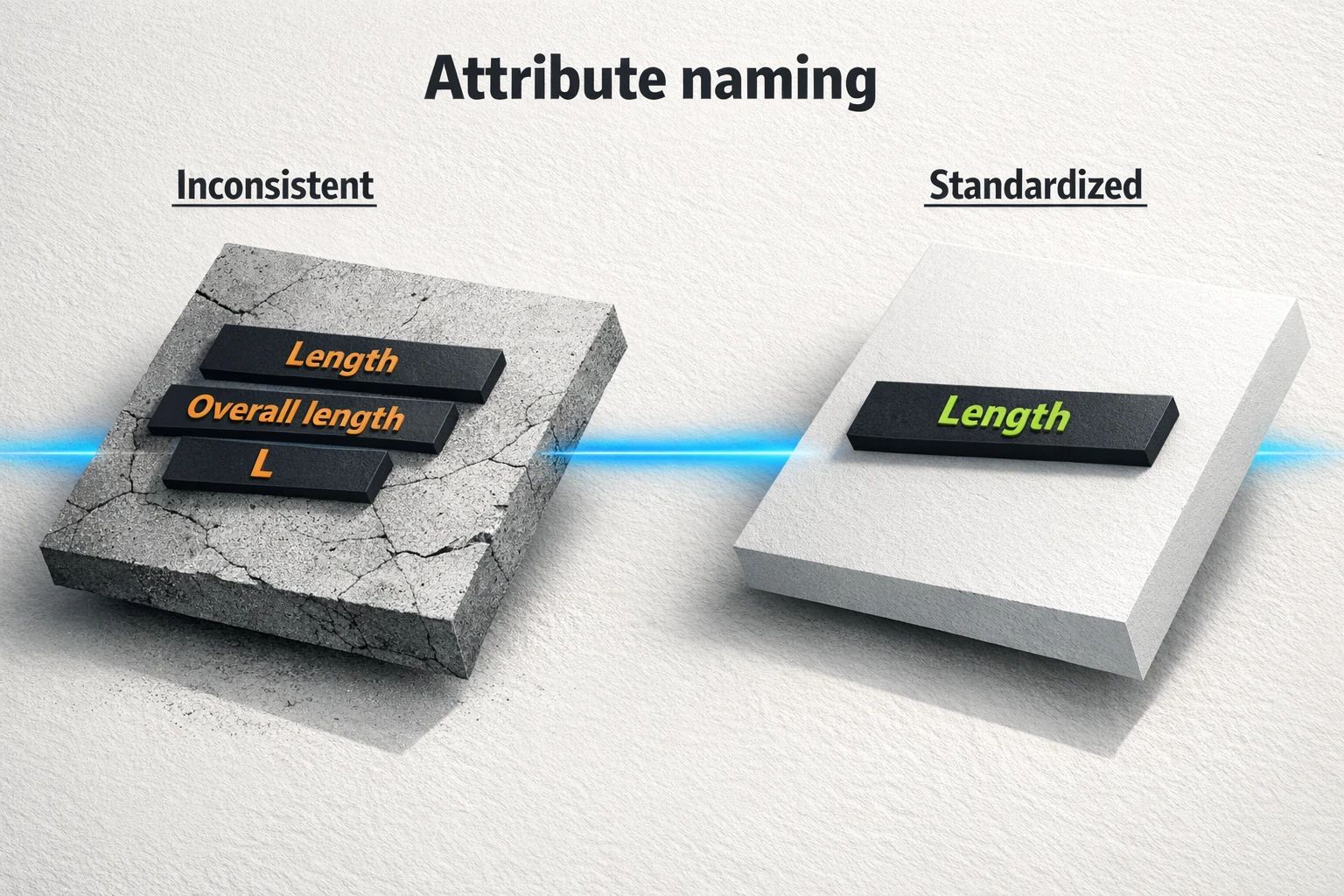 Even small naming inconsistencies create multiple “versions” of the same attribute. Standardizing field names helps AI retrieval match buyer questions to the right spec.