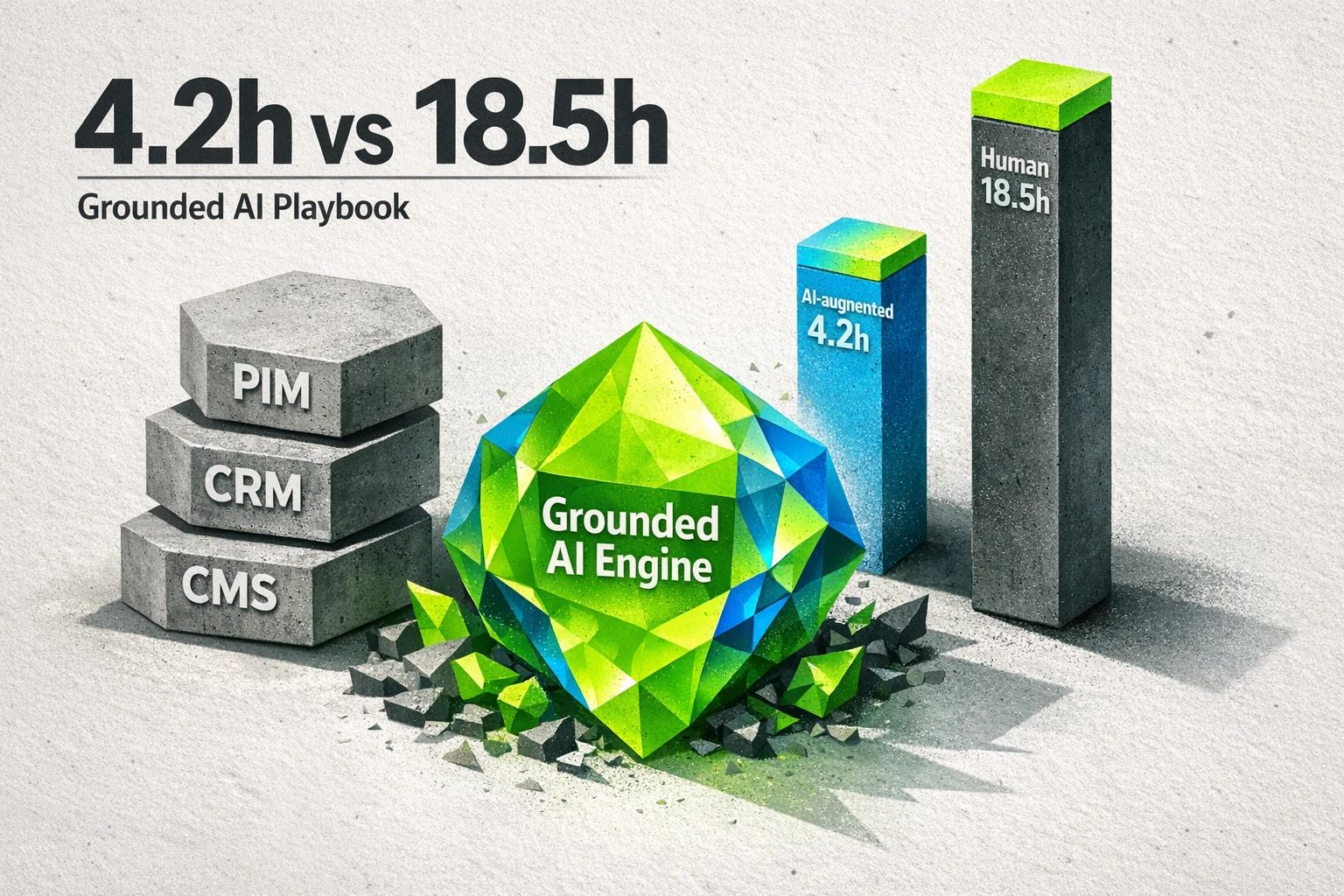 Benchmark comparison showing AI-augmented content publish time is 4.2 hours versus 18.5 hours for fully human production, visualized with clear bars.