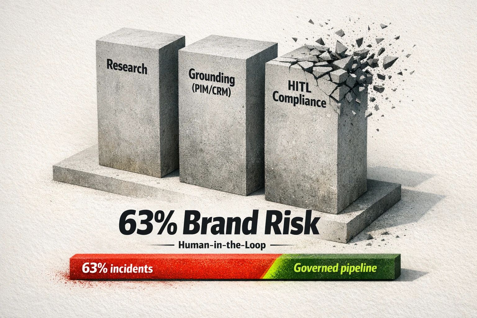 A visual illustrating the stages of Human-in-the-Loop (HITL) governance, with a progress bar indicating a 63% brand-voice or factual-accuracy incident rate for teams without such systems.