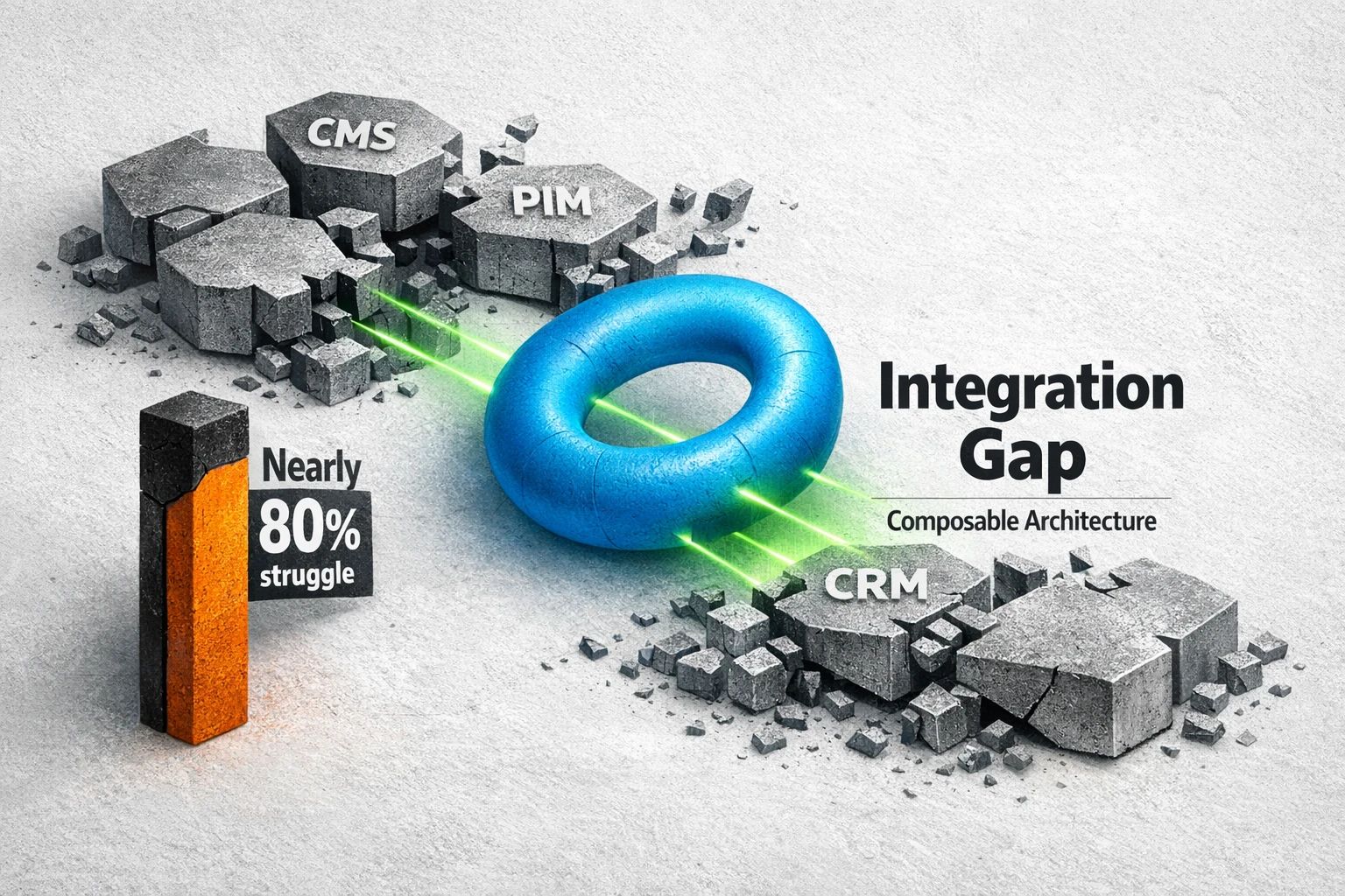 An illustration of the AI integration bottleneck, showing fragmented connectors between different tech systems and a statistic that nearly 80% of enterprises struggle with this.