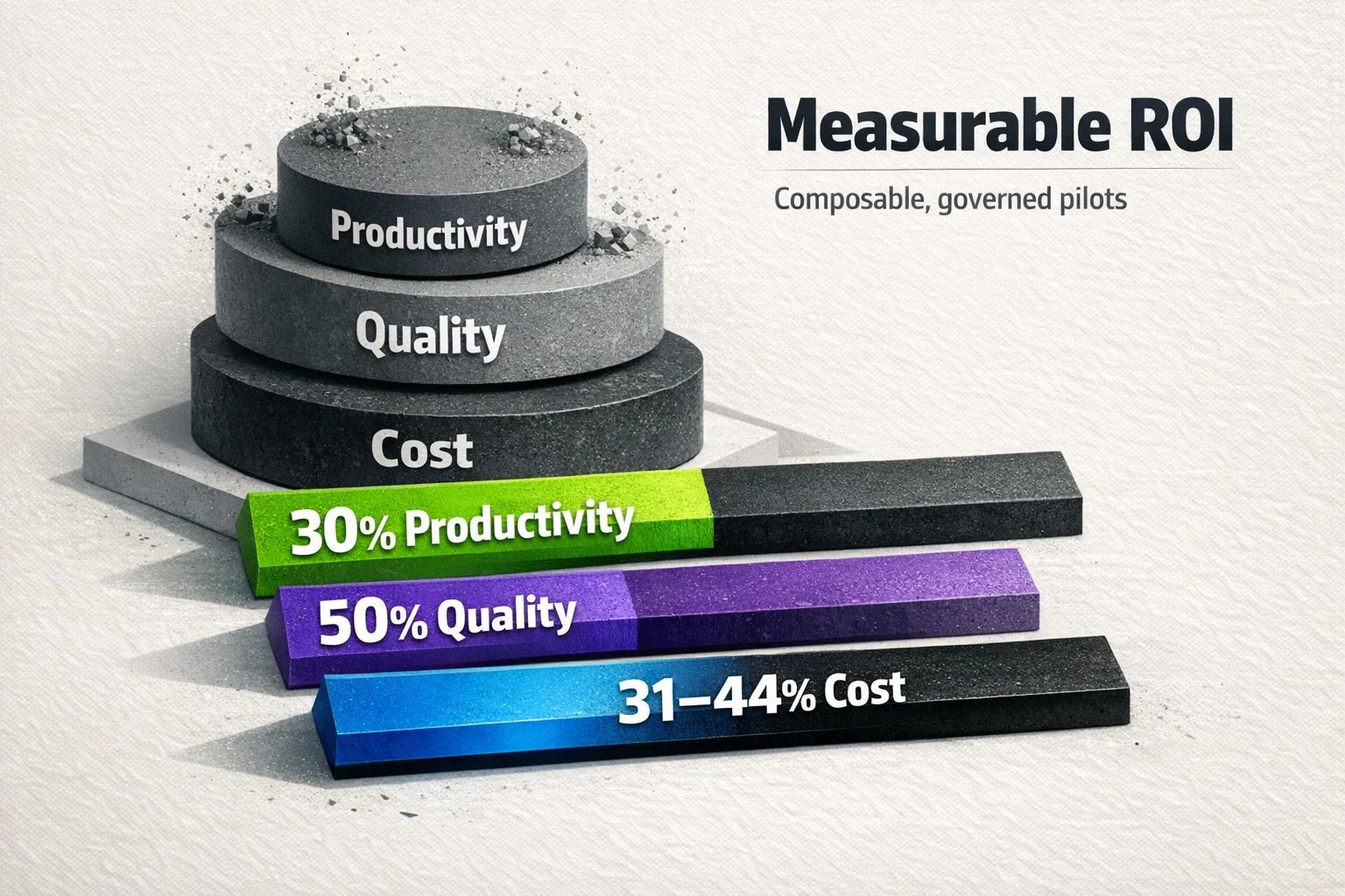 A snapshot of ROI metrics, displaying bar charts for ~30% productivity gains, ~50% quality improvements, and 31–44% per-asset cost reductions for early adopters of AI-driven operations.