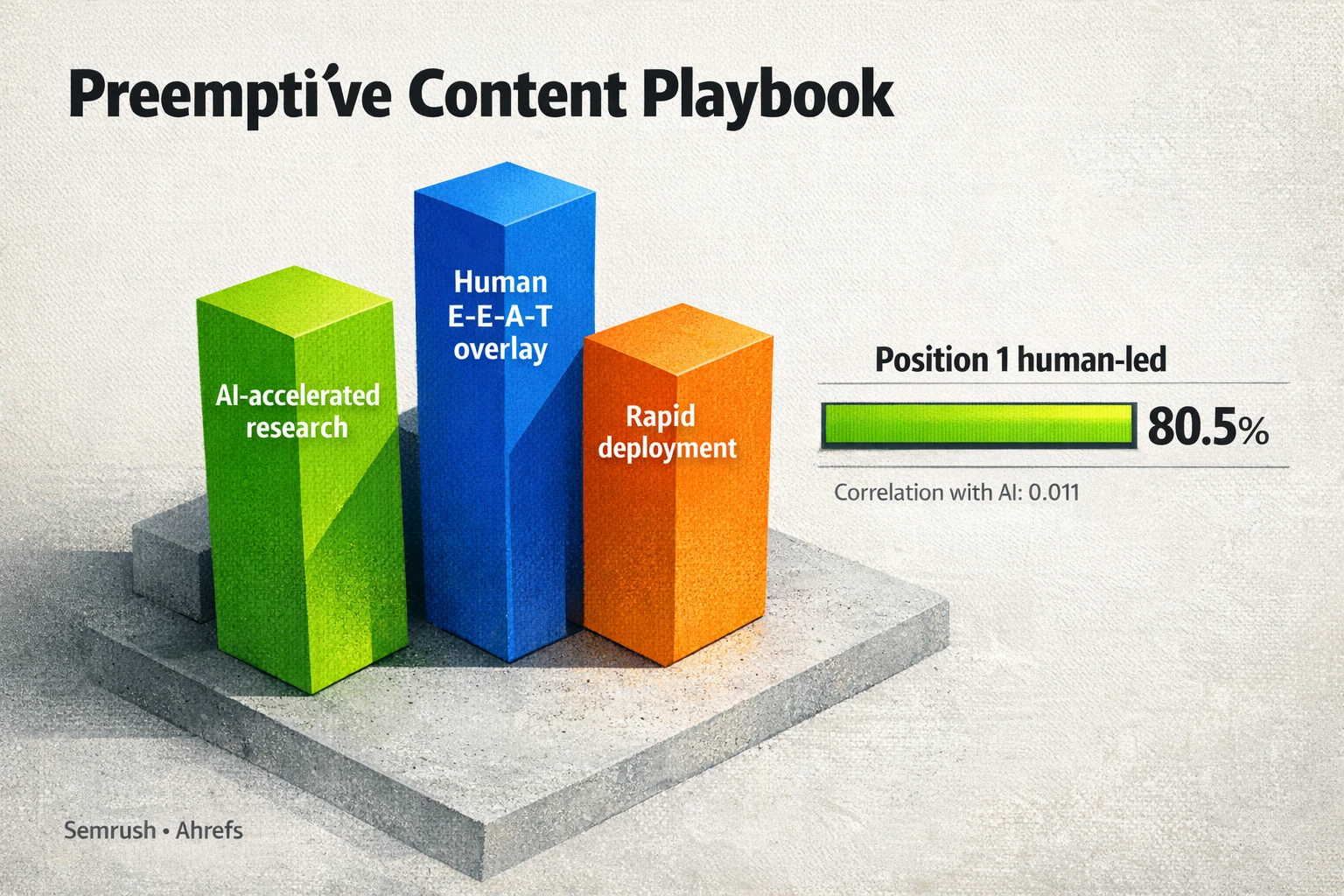Decision thumbnail: 'Preemptive Content Playbook'—visualizes the 3-tier production model and the 80.5% human-led position-1 advantage so teams can prioritize human oversight.