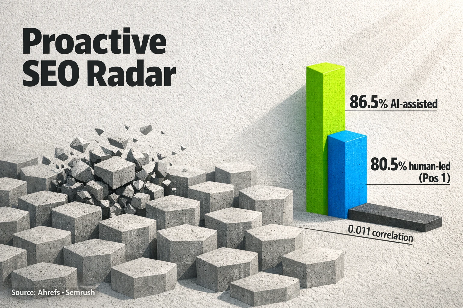MOFU visual: 'Proactive SEO Radar' — isometric competitive network + bar indicators highlighting research-backed metrics (86.5% AI-assisted top pages; 80.5% position-1 human-led; correlation 0.011).